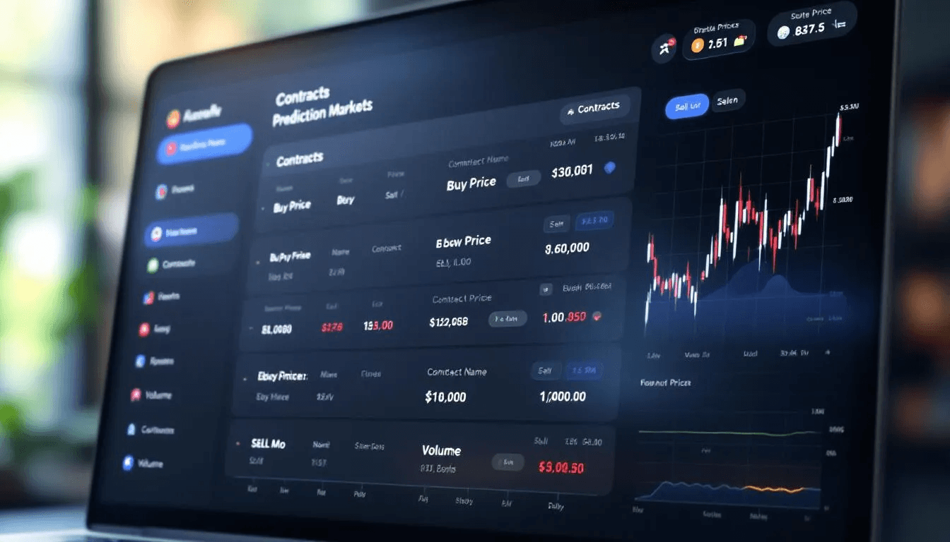 The image displays a trading interface showcasing prediction market contracts, featuring various buy and sell prices for different financial events, including political elections and sports betting. Users can engage in trading by placing bets on outcomes, reflecting the dynamics of financial markets and automated market makers.