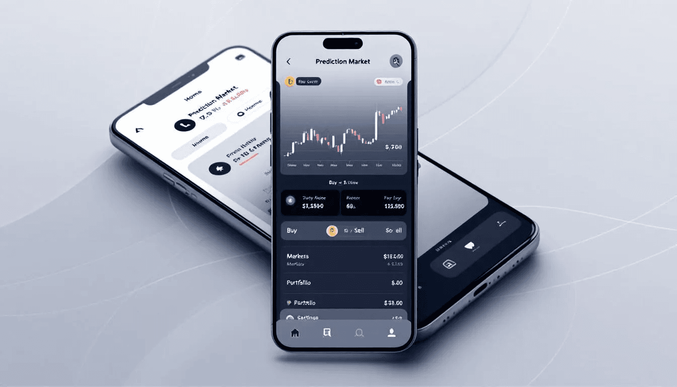 The image depicts a mobile app interface showcasing various screens related to prediction markets, where users can engage in trading event contracts and betting on outcomes such as presidential elections and financial events. The interface highlights features for tracking prices, making trades, and viewing market data, illustrating the dynamic nature of financial and political markets.