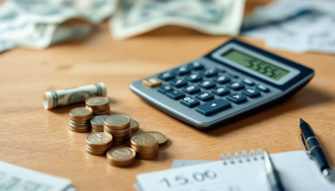 The image features a variety of money and financial symbols, including coins and a calculator, scattered across a desk, creating a lively representation of financial themes. 💰